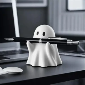 PVC ghost-shaped pen holder on desk with pens inside