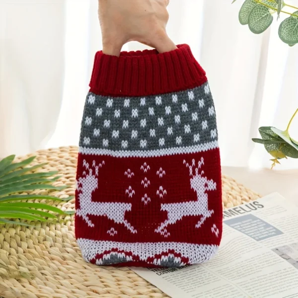 Knitted Christmas sweater designed for small dog or cat, displayed flat