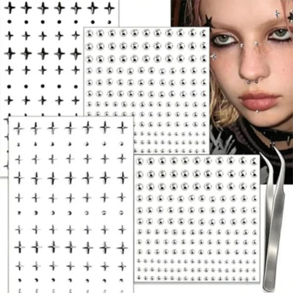 Self-adhesive star and cross rhinestone face gem stickers on skin