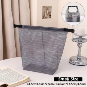 waterproof mesh toiletry bag with drawstring and quick-release buckle in gray