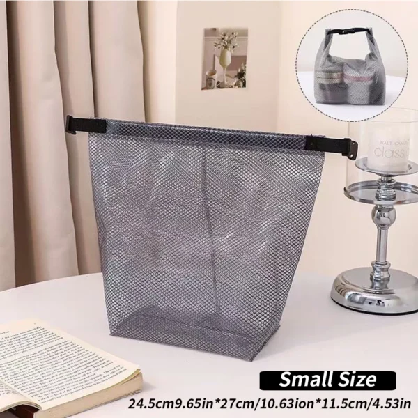 waterproof mesh toiletry bag with drawstring and quick-release buckle in gray