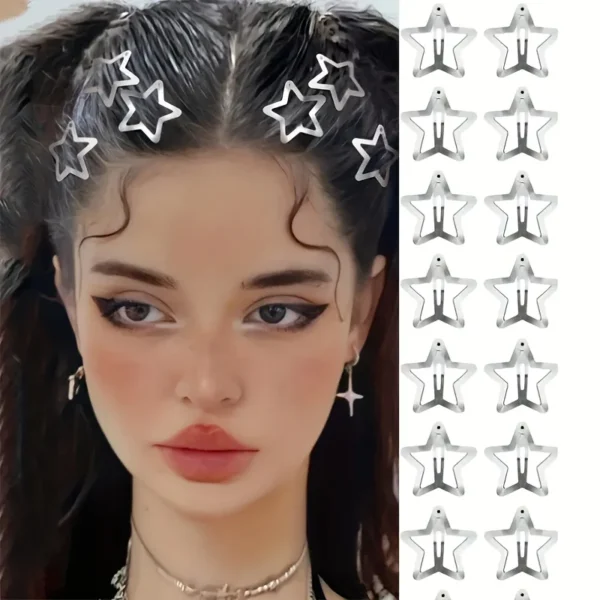 Set of ten silver metal hair clips shaped like stars with non-slip grip
