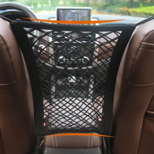 Elastic mesh storage net with elastic cords for car seat or trunk attachment