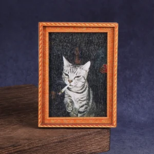 Retro cat-themed 3D wooden-look photo frame magnet attached to refrigerator