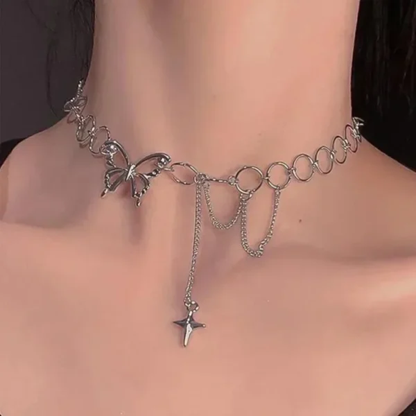 Butterfly pendant tassel choker necklace with punk link chain on white background