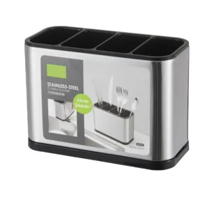 Stainless steel kitchen cutlery caddy with drain holes and anti-slip base on countertop