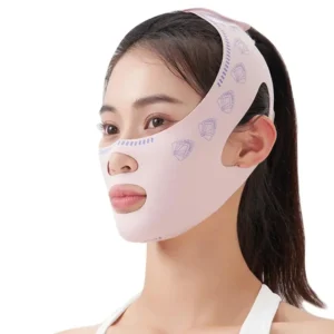 Elastic face slimming bandage wrapped around chin and cheeks