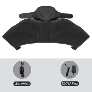 Heated shoulder and back massager draped over a surface showing its shape and plugs