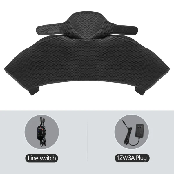 Heated shoulder and back massager draped over a surface showing its shape and plugs