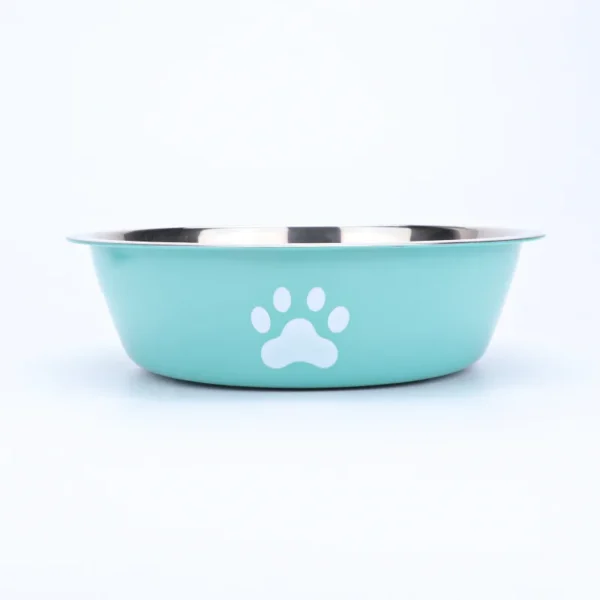 Stainless steel pet bowl with paw print design and silicone anti-slip base