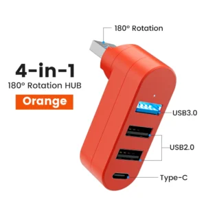 Black 4-port USB 3.0 hub with USB-C connector for laptop