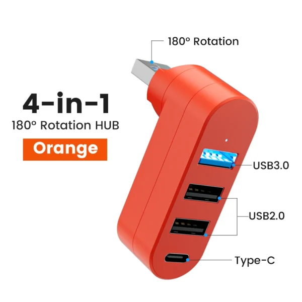Black 4-port USB 3.0 hub with USB-C connector for laptop
