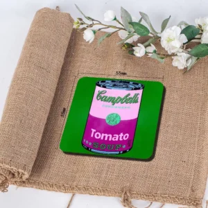 Medium-sized refrigerator magnet featuring colorful cartoon tomato soup can design inspired by Andy Warhol