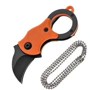 Mini stainless steel pocket knife with fixed blade and keychain attached