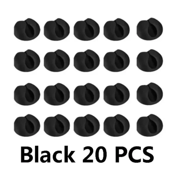 Pack of 20 silicone cable organizer clips holding USB and phone cables on desk