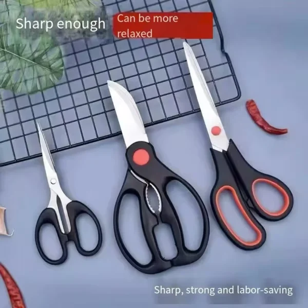 Three stainless steel kitchen scissors for cutting food and cracking nuts