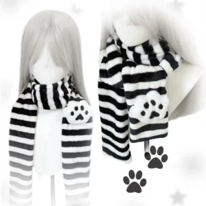 Soft cotton knitted long scarf with black and white stripes displayed flat