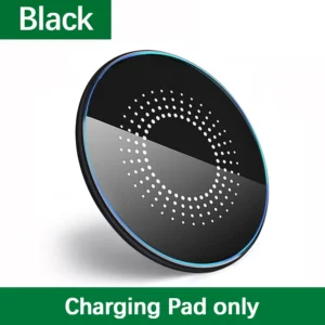 Black wireless fast charging dock with Type-C cable and phone placed on pad