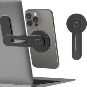 Slim magnetic phone holder attached to laptop side holding smartphone