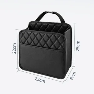 Black folding leather storage bag hanging on car seat back