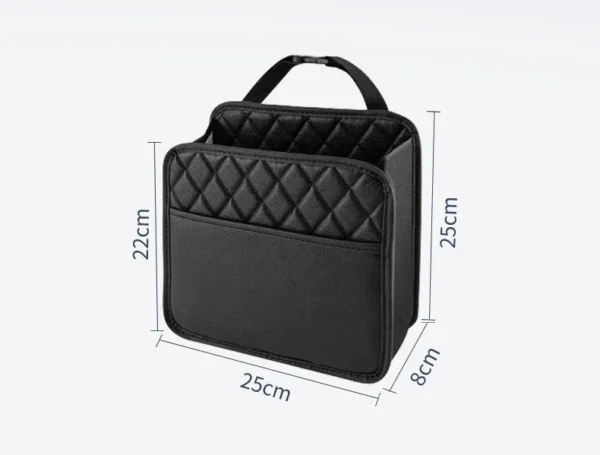 Black folding leather storage bag hanging on car seat back