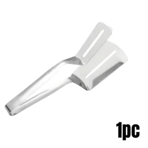 Stainless steel spatula with clamp handle on white background