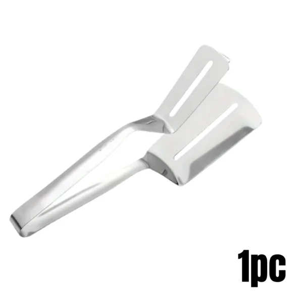 Stainless steel spatula with clamp handle on white background