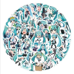 Set of 63 waterproof Hatsune Miku-themed stickers with colorful anime designs