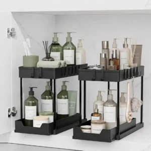 2-tier sliding metal under-sink organizer with side hooks and hanging baskets