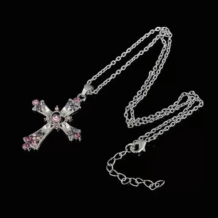 Pink Crystal Heart Cross Pendant Necklace with Silver Chain