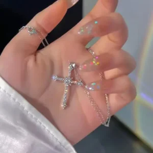 Pink crystal cross pendant necklace on chain