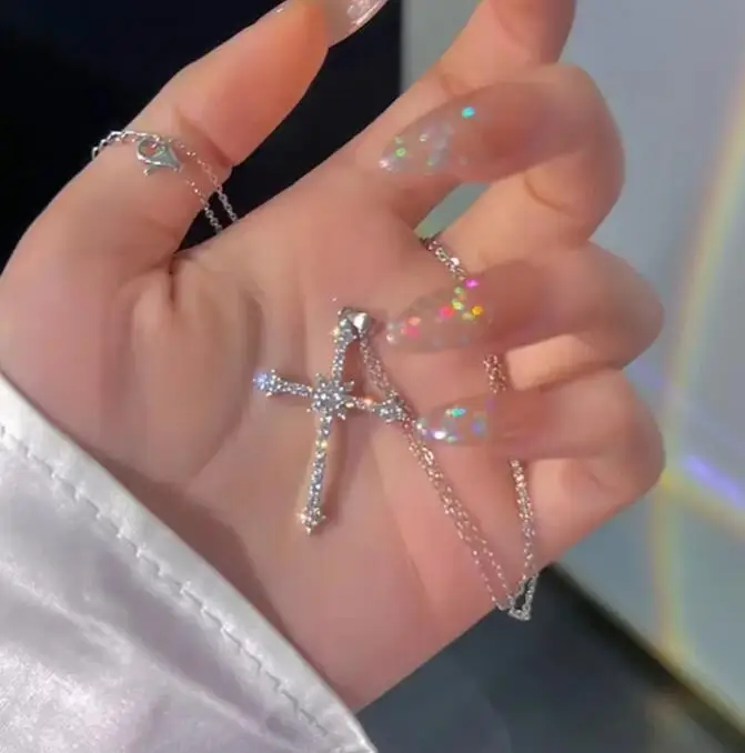 Pink Crystal Cross Pendant Necklace for Women