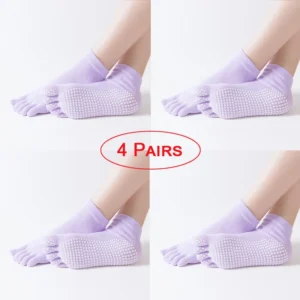 Four pairs of women's cotton yoga socks with individual toe separation in assorted colors