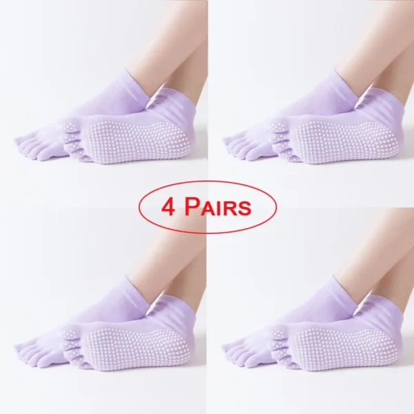 Four pairs of women's cotton yoga socks with individual toe separation in assorted colors
