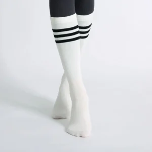 Striped mid-calf cotton yoga socks with non-slip grips for women