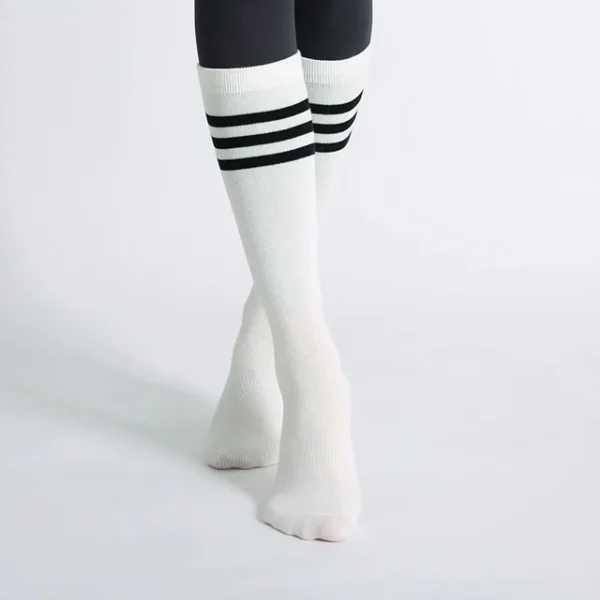 Striped mid-calf cotton yoga socks with non-slip grips for women
