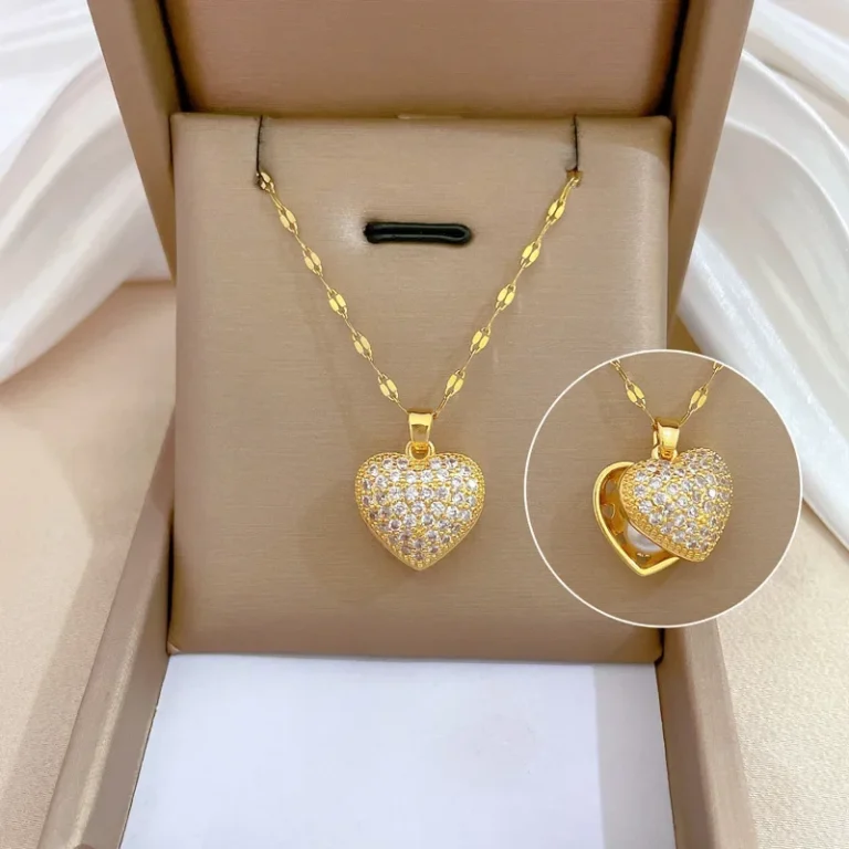 Peach Heart Pearl Oyster Necklace with Zircon Pendant on 45cm Stainless Steel Chain