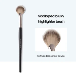 Powder blusher brush with soft synthetic bristles and black metal handle