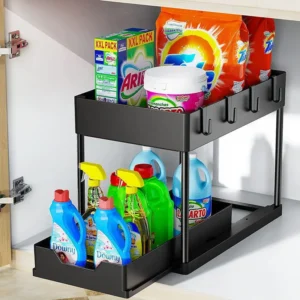 Double-layer pull-out plastic kitchen storage rack with removable drawers