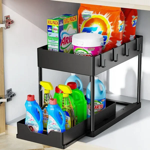Double-layer pull-out plastic kitchen storage rack with removable drawers