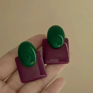 Large square color block resin stud earrings with vintage geometric design