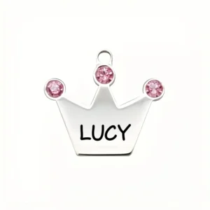 Zinc alloy pet ID tag with pink crown and rhinestones on a white background