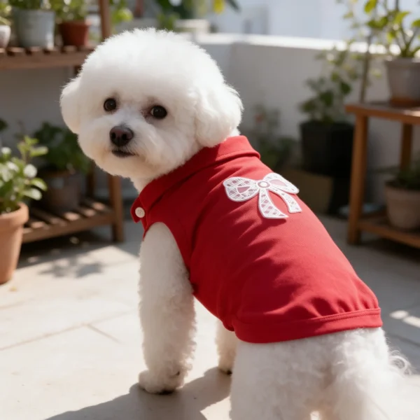 Sleeveless dog polo shirt with lace bow embroidery on soft breathable fabric