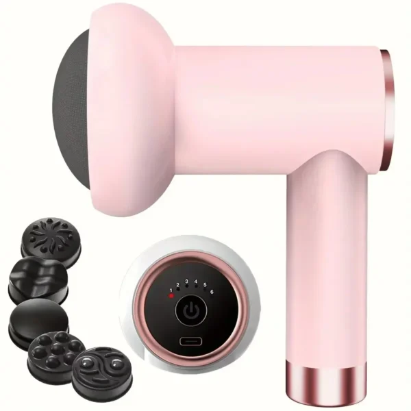 Handheld body massager device with five interchangeable massage heads on a white background