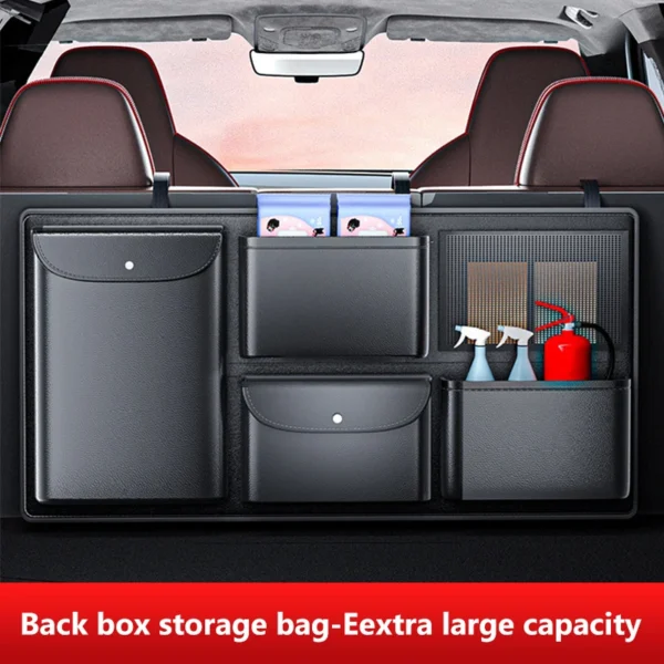 Black PU leather car trunk organizer with multiple pockets