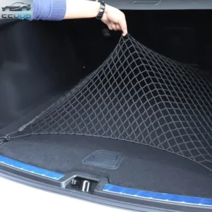 Black nylon rear cargo net installed in car trunk