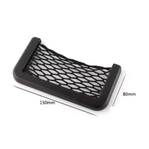 Black universal mesh storage bag inside car holding phone and cards