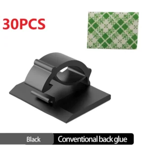Set of 30 black cable organizer clips on white background