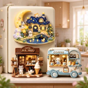 3D resin refrigerator magnet featuring a cat and coffee dessert cart design