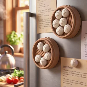 3D mini steamer bun dumpling shaped fridge magnet on refrigerator